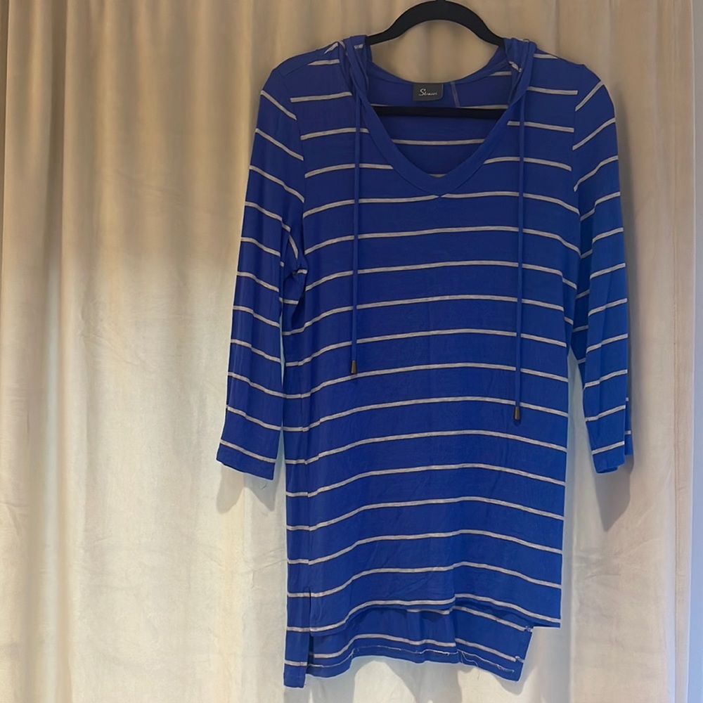 Strazzi blue gray striped top with hood SZ L